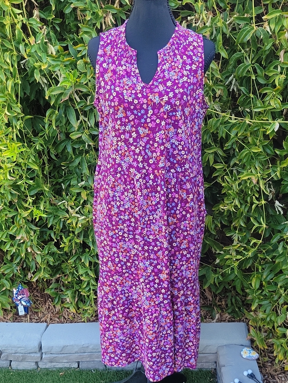Sleeveless Purple Floral Tiered Midi Dress With Pockets